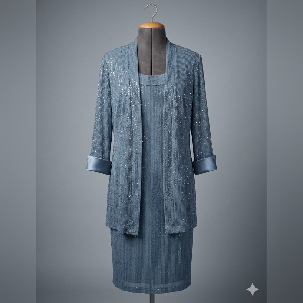Elegant Blue Sequin Dress with Jacket
